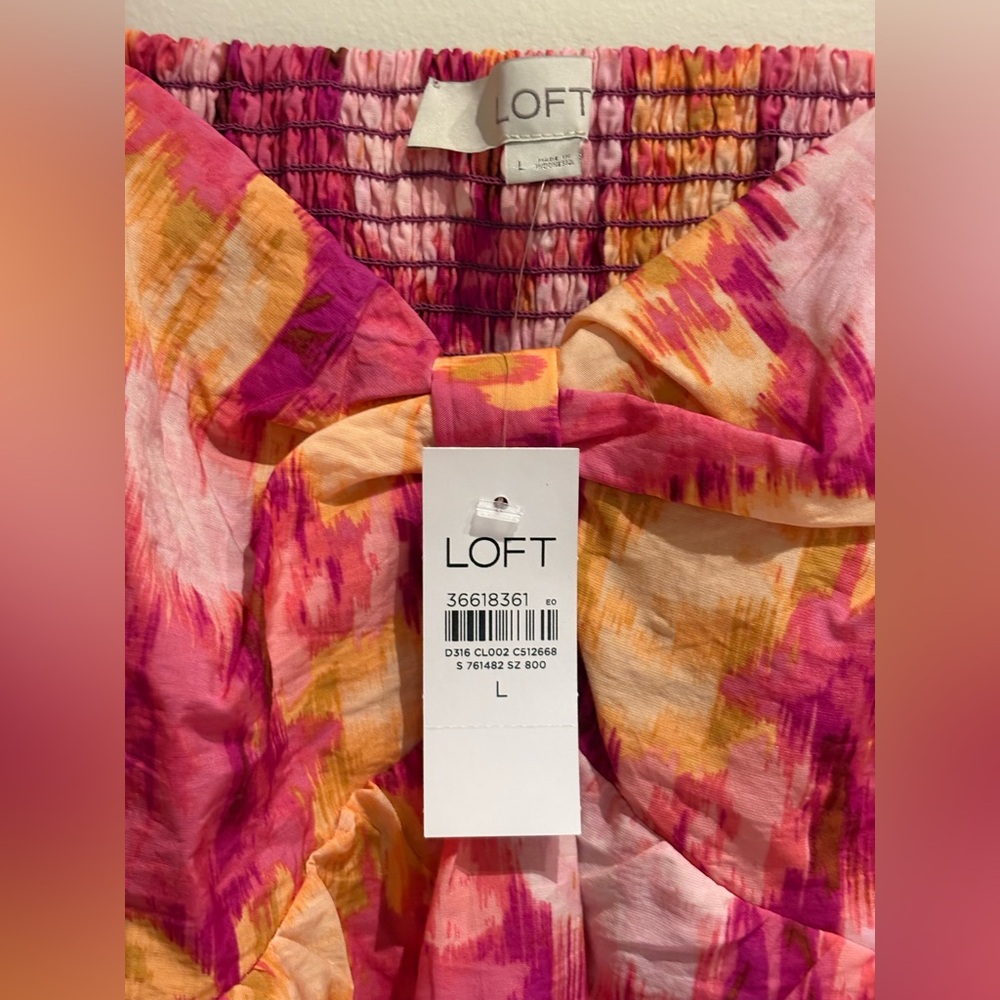 LOFT NWT Pink Floral Ikat Knotted Puff Sleeve Swing Dress Magenta Sunset Large - Picture 7 of 9